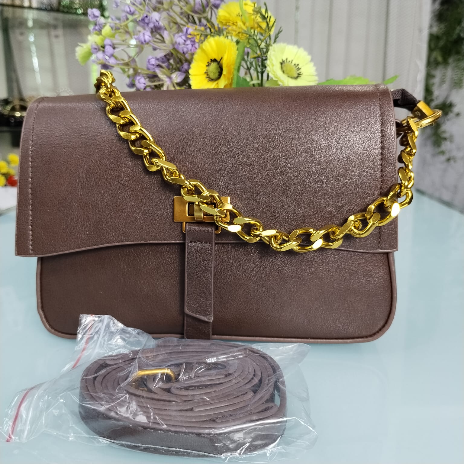 Original Premium Leather Hand Bag with Long Belt – Chocolate
