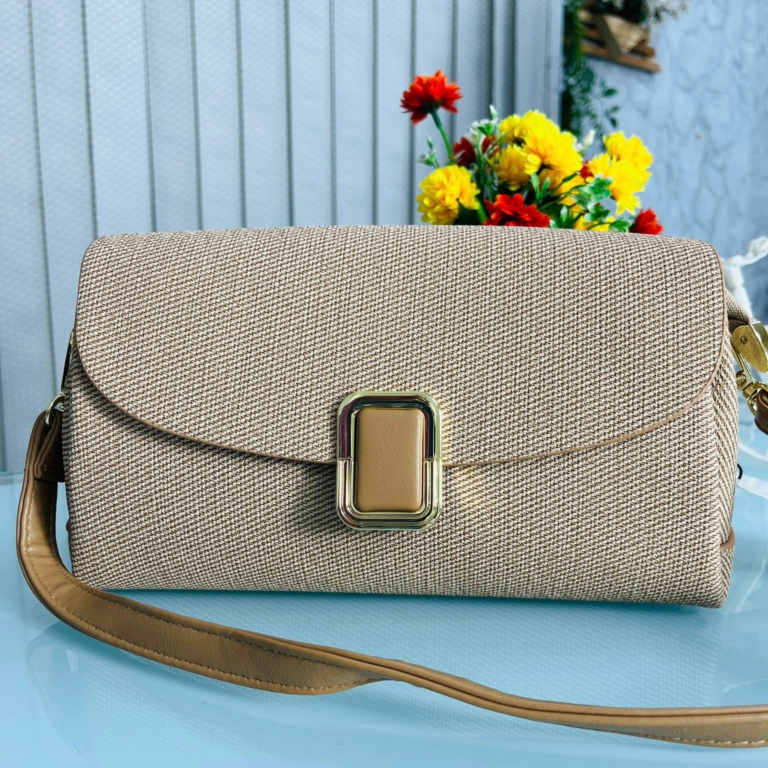 Luxurious Leather Hand Bag with Long Belt – Dark Khaki
